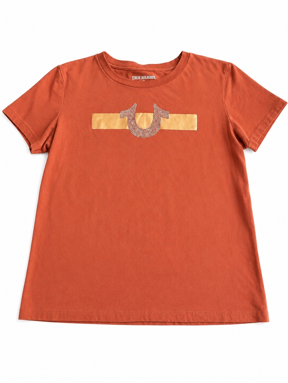 True Religion Burnt Orange Rhinestone Horseshoe Stripe Tee Size M